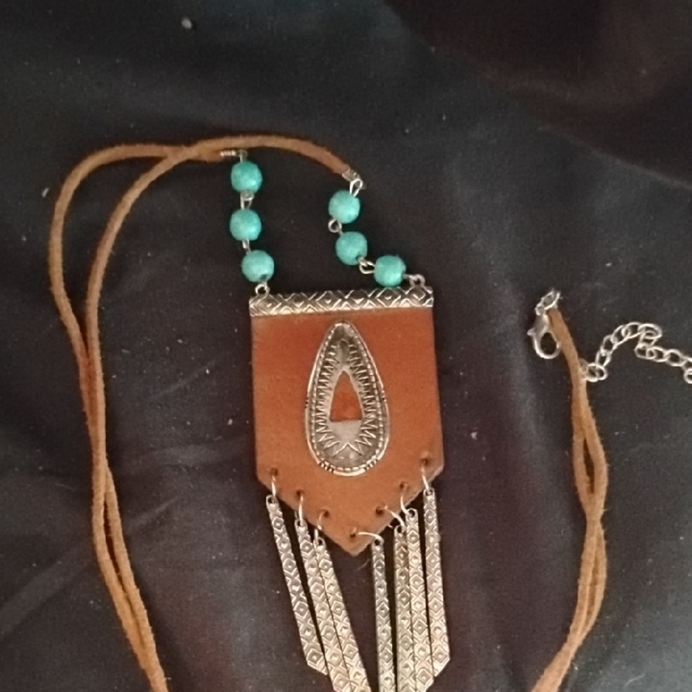 Brown and Blue Leather Turquoise Necklace with Fringe